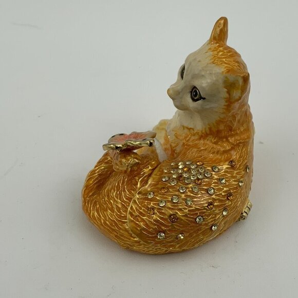 Cat with Butterfly Hinged Trinket Box, Jeweled & Enamel - NEW - Picture 6 of 10